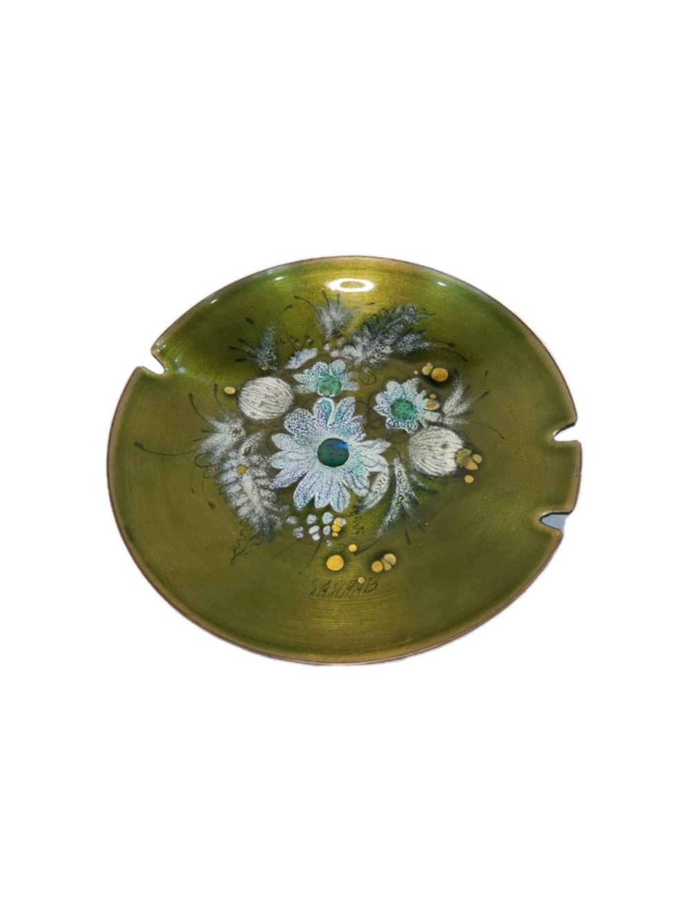 Sascha Brastoff Enameled On Copper Olive Floral Ashtray MCM Signed 8" EXCELLENT